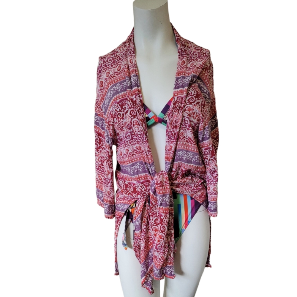 Patrons of Peace small 100% Rayon pink purple open kimono boho beach cover